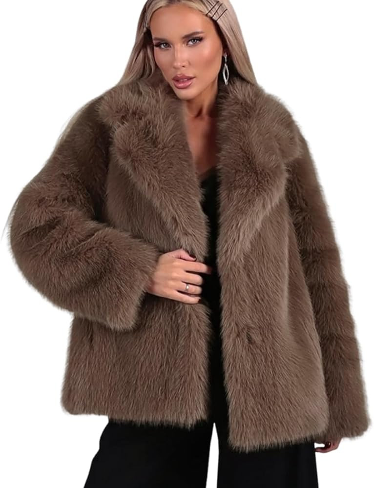 Arssm Women's Faux Fur Coat Long Sleeve Fluffy Jacket Open Front Furry Winter Warm Lapel Shaggy C... | Amazon (US)