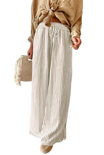 Acelitt Womens Casual Striped Loose Wide Leg Pants Drawstring Elastic High Waisted 2026 Summer Trendy Relaxed Fit Beach Pants Trousers Khaki XL | Amazon (US)