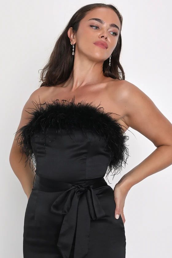 Glamorous Aura Black Satin Feather Strapless Midi Dress | Lulus (US)