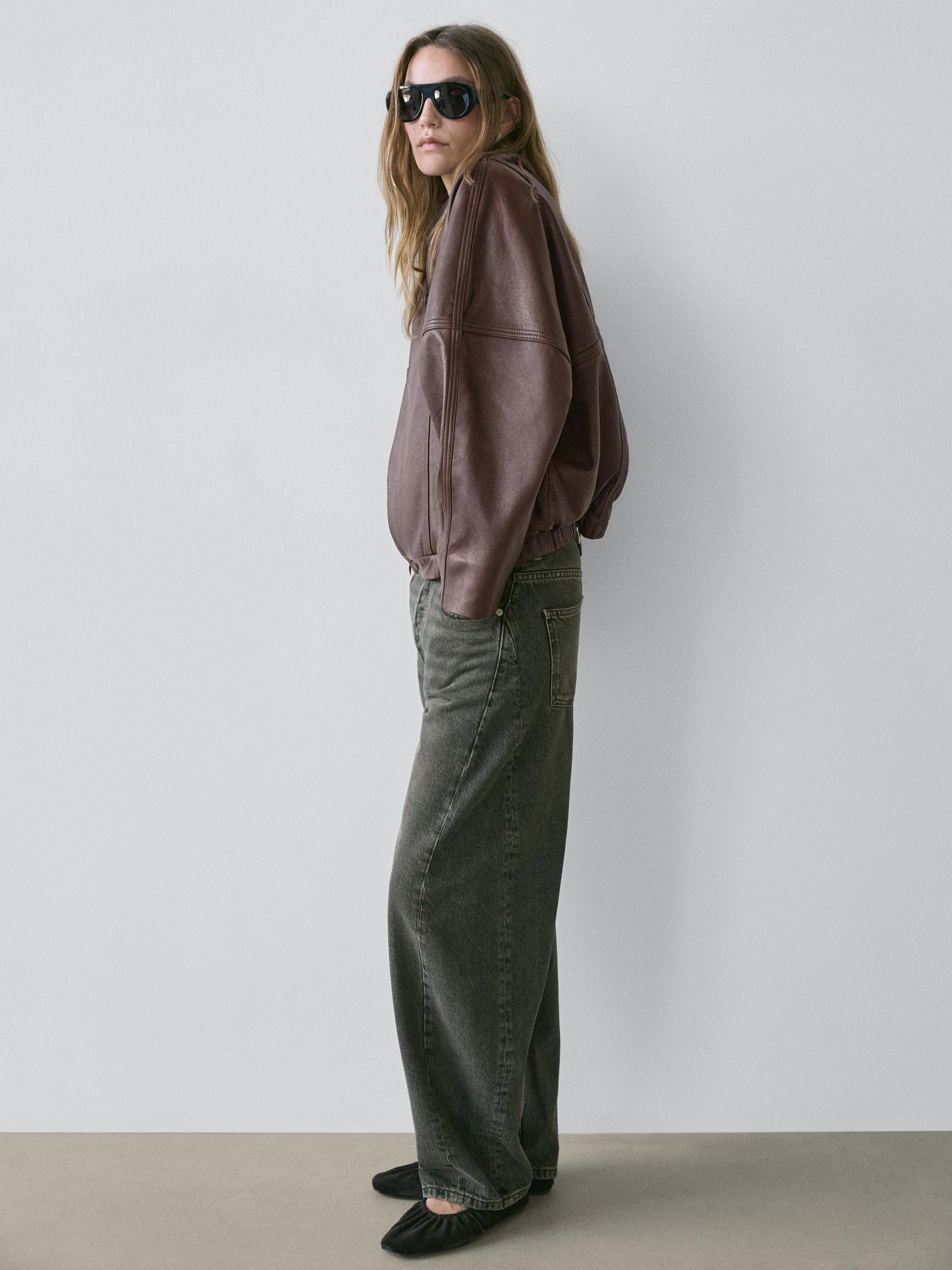 Asymmetric nappa leather bomber jacket | Massimo Dutti UK