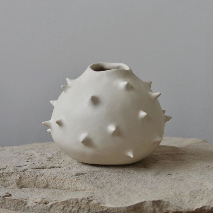 Handmade Modern White Matte Rounded Sculptural Ceramic Vase with Spikes | Minted