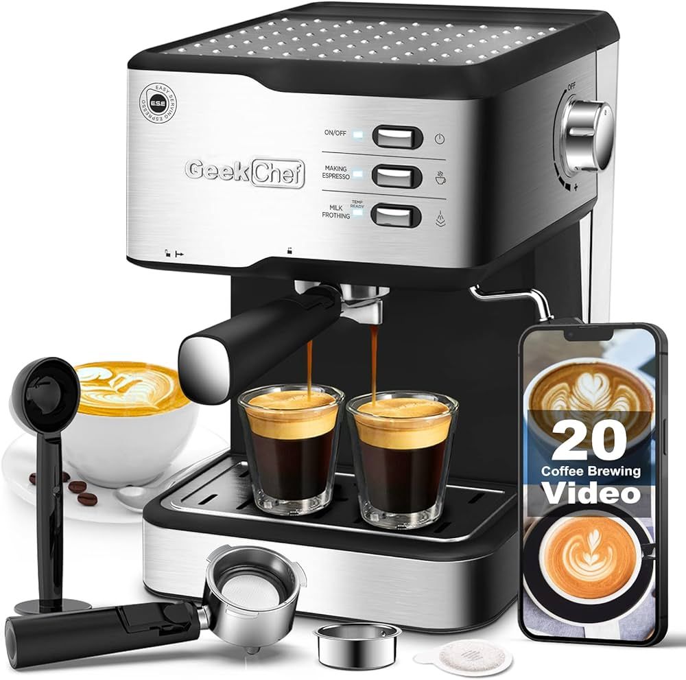 Geek Chef Espresso Machine 20 Bar, Cappuccino latte Maker Coffee Machine with ESE POD capsules fi... | Amazon (US)