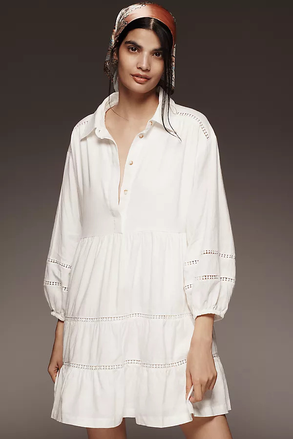 The Bettina Linen Blend Tiered Mini Shirt Dress by Maeve | Anthropologie (US)