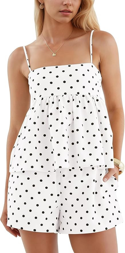 MISSACTIVER Polka Dots 2 Piece Sets For Women Summer Linen Peplum Tank Tops Shorts Sets Camisole ... | Amazon (US)