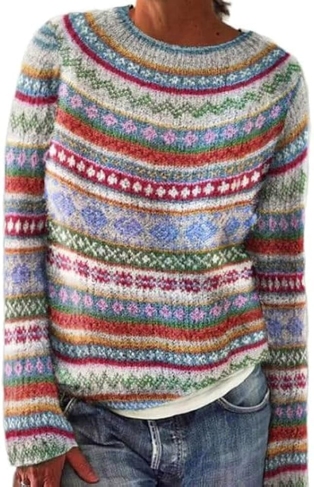Women's Vintage Fair Isle Sweater Fall Winter Casual Loose Colorful Striped Roundneck Long Sleeve... | Amazon (US)