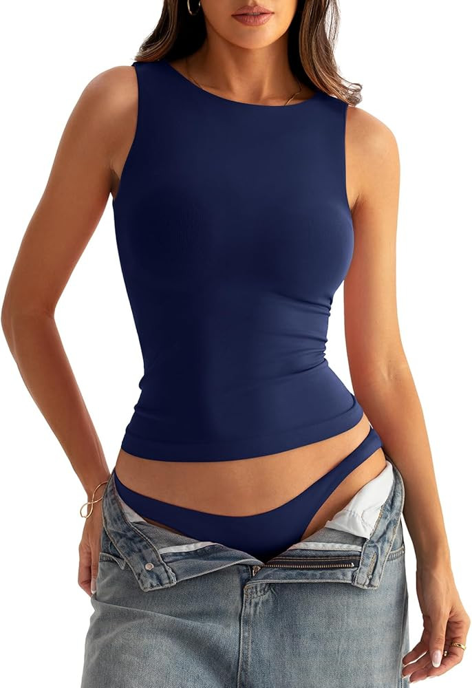 Womens Boat Neck Seamless Tank Tops Sleeveless Double Layering Shirts Basic Going Out Tops Summer... | Amazon (US)