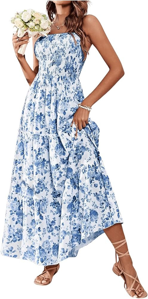 MakeMeChic Women's Floral Print Shirred Cami Dress Spaghetti Strap Sleeveless High Waist Flare Lo... | Amazon (US)