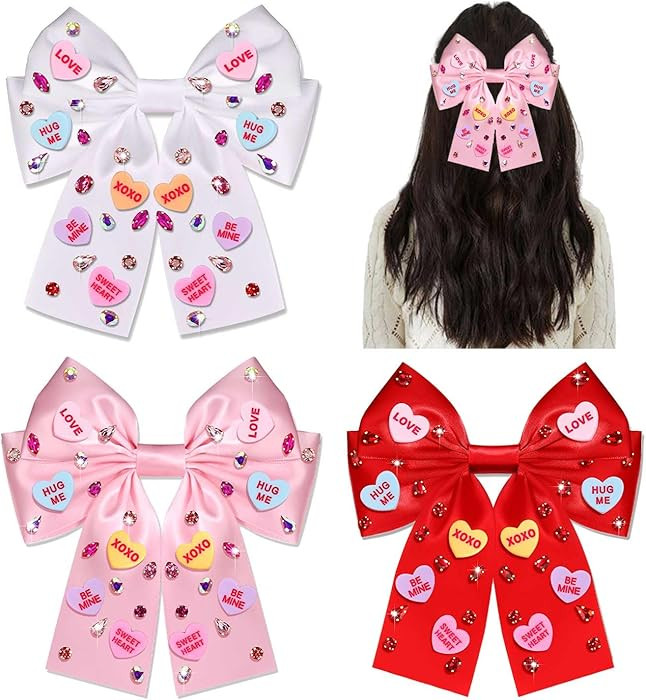 3PCS Valentine’s Day Hair Bow Clips for Women Conversation Heart Hair Clips Jeweled Crystal Hai... | Amazon (US)