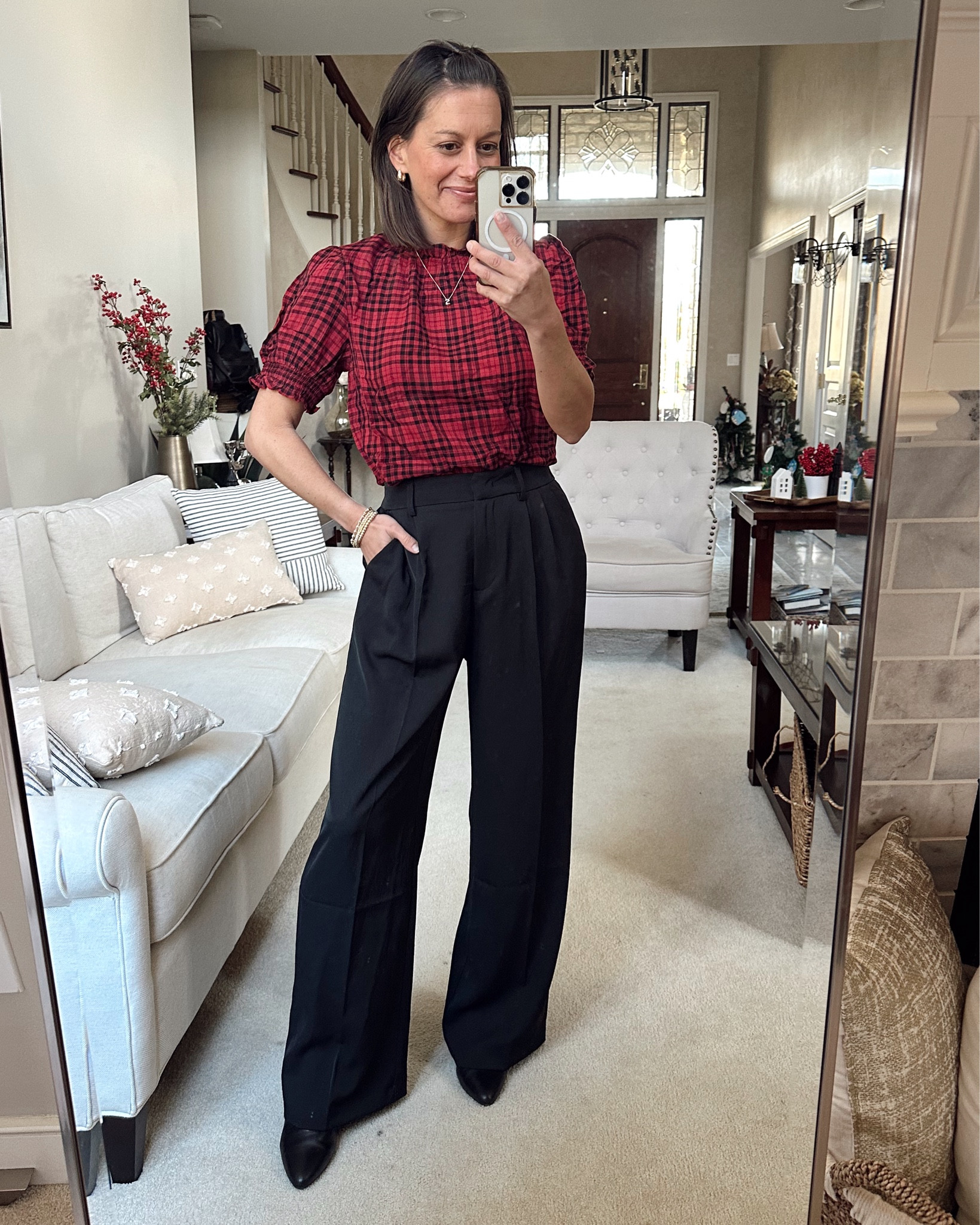 Amazon holiday outfit idea - plaid top runs true to size - I’m wearing a small. Pants run true to size - I’m wearing a small. Black boots run true to size.

#LTKHoliday #LTKOver40 #LTKSeasonal