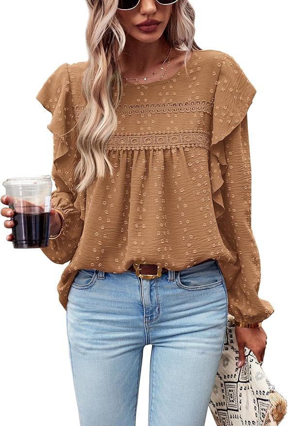 PRETTYGARDEN Women's Long Sleeve Blouses Ruffle Swiss Dot Crochet Loose Fit Tunic Dressy Casual T... | Amazon (US)