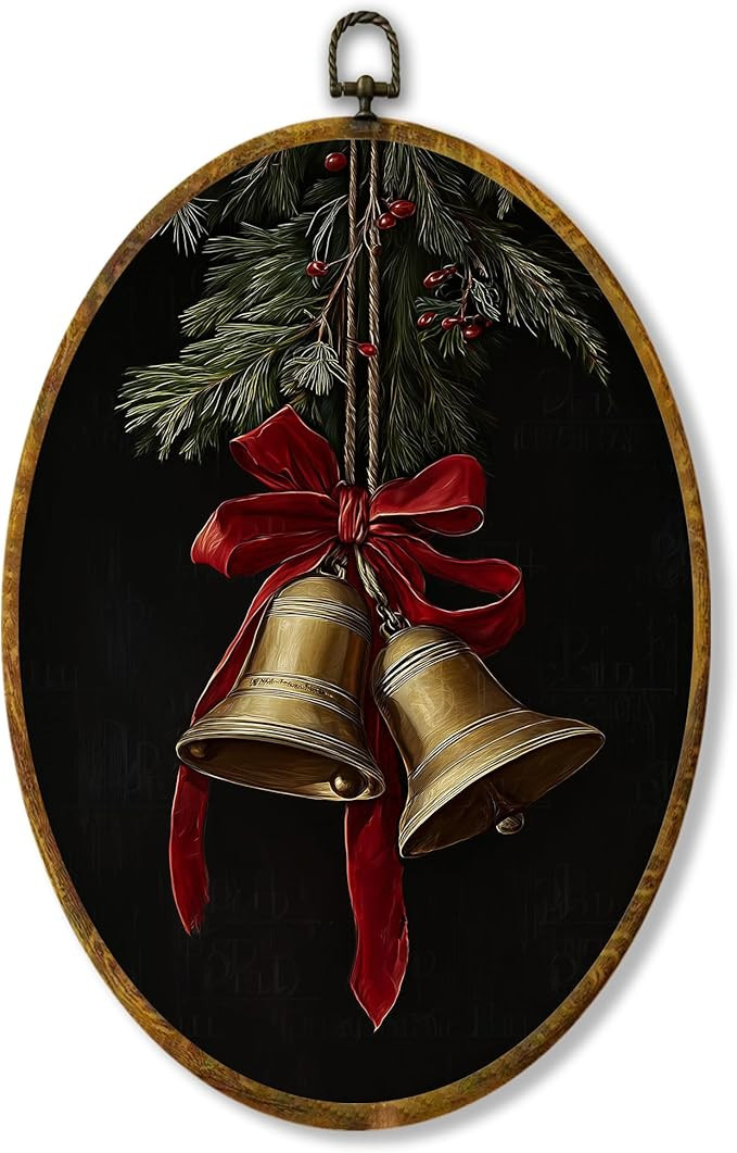 Hiuwevt Vintage Moody Christmas Bell Oval Wall Art Decor, Coquette Red Bow Xmas Bell Framed Canva... | Amazon (US)