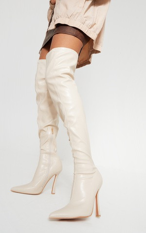 Cream Faux Leather Point Toe Sock Heeled Over The Knee Boots | PrettyLittleThing US