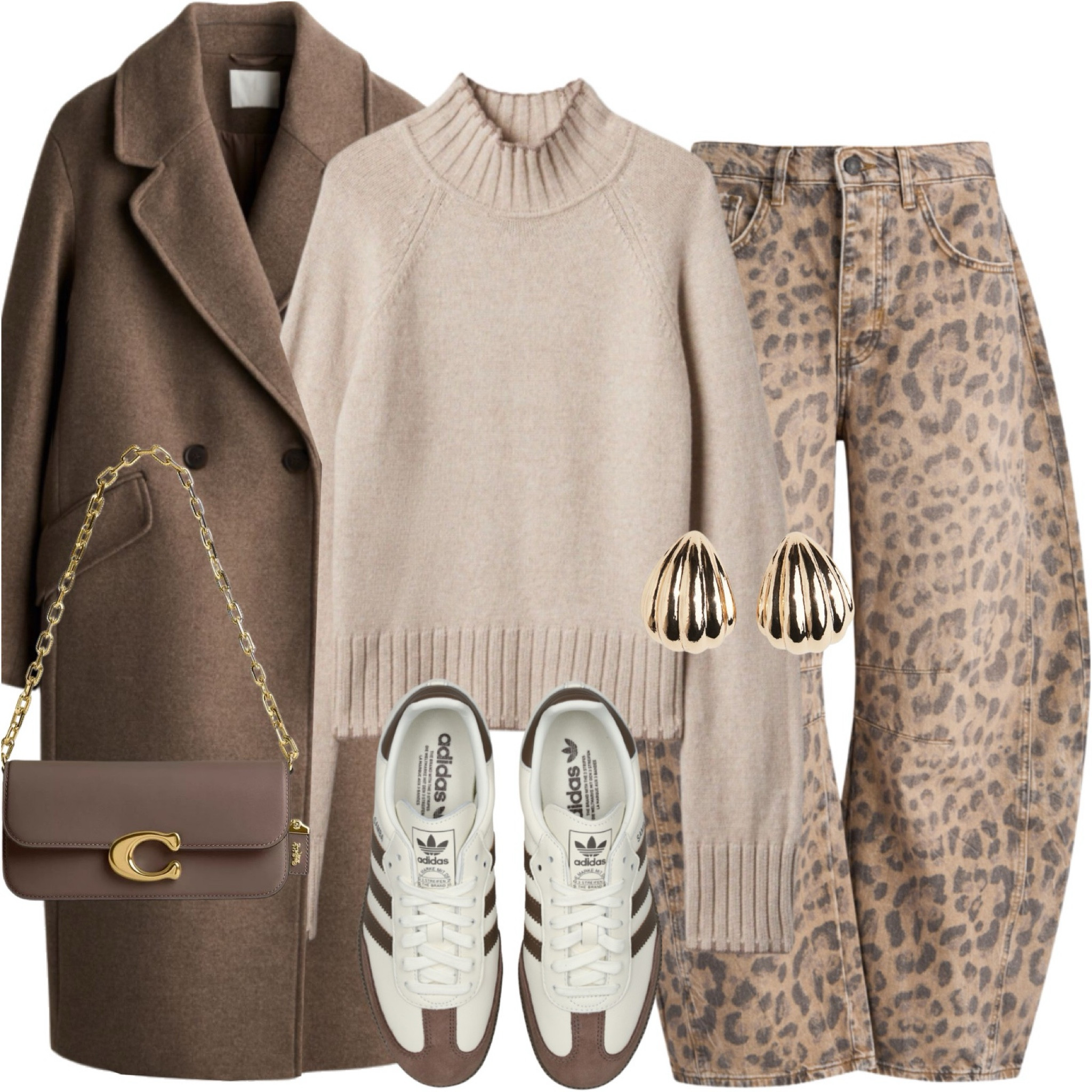 Wool coat, turtleneck jumper, animal print tapered jeans, brown adidas samba trainers, coach bag and gold earrings. 
Leopard print, sneakers, brown outfit, knitwear, autumn winter outfit.

#LTKstyletip #LTKuk #LTKautumn