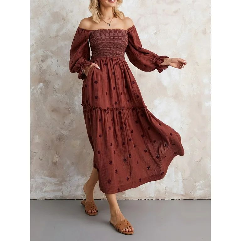 Niusricy Women Bohemian Floral Dress Casual Puff Long Sleeve Boho Flowy Ruffle Spring Midi Dress | Walmart (US)