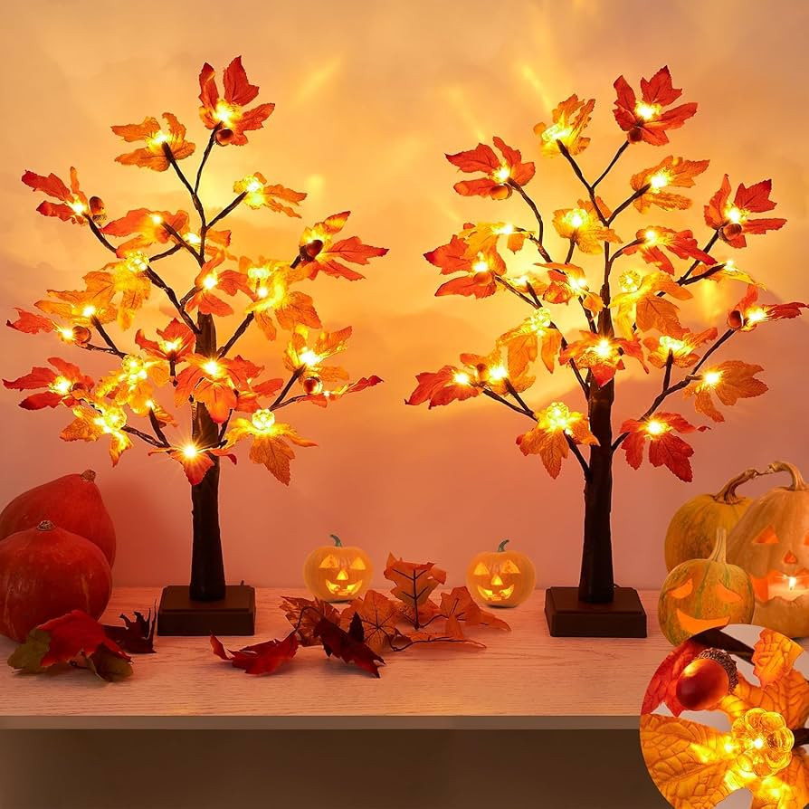 Fall Decor 2 Pack 24 Inch Maple Tree Lights - 48 LED Autumn Decorations with Pumpkins & Acorns, T... | Amazon (US)