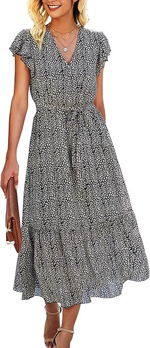 Angashion Women’s Dresses Short Sleeve Wrap V Neck Ruffle Floral Printed Midi Dress with Belt | Amazon (US)