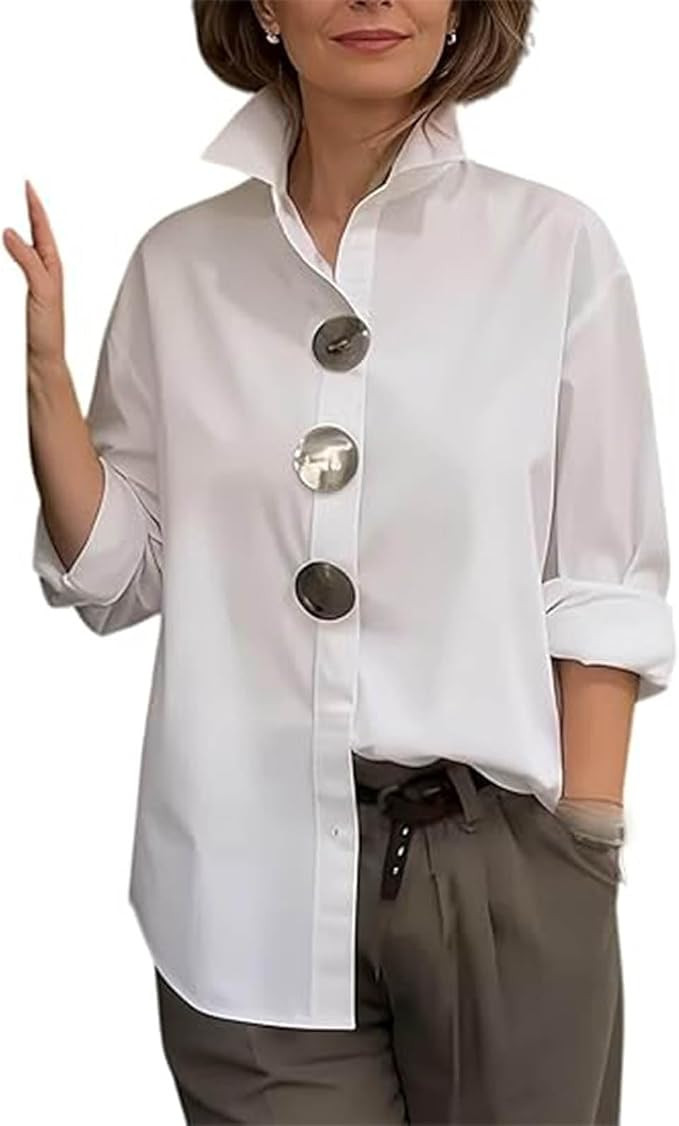 Women's Elegant Stand-Collar Metal Buttons Blouse - Oversized Long Sleeve Shirt, Solid Color Spri... | Amazon (US)