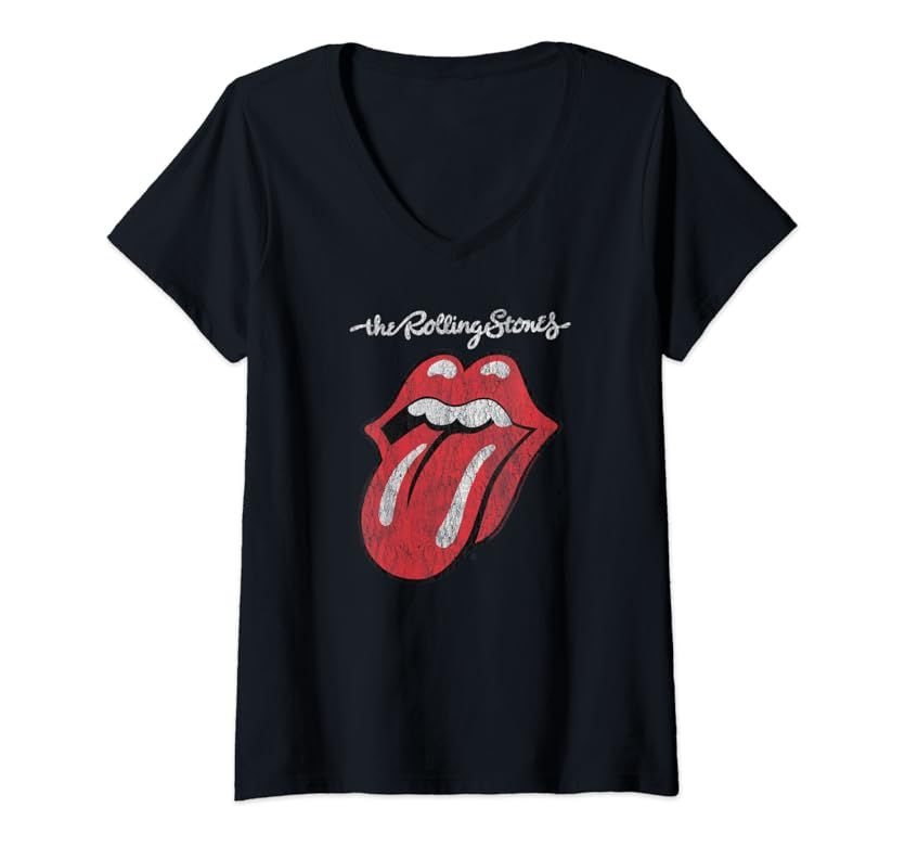 Womens Rolling Stones Official Script Tongue V-Neck T-Shirt | Amazon (US)