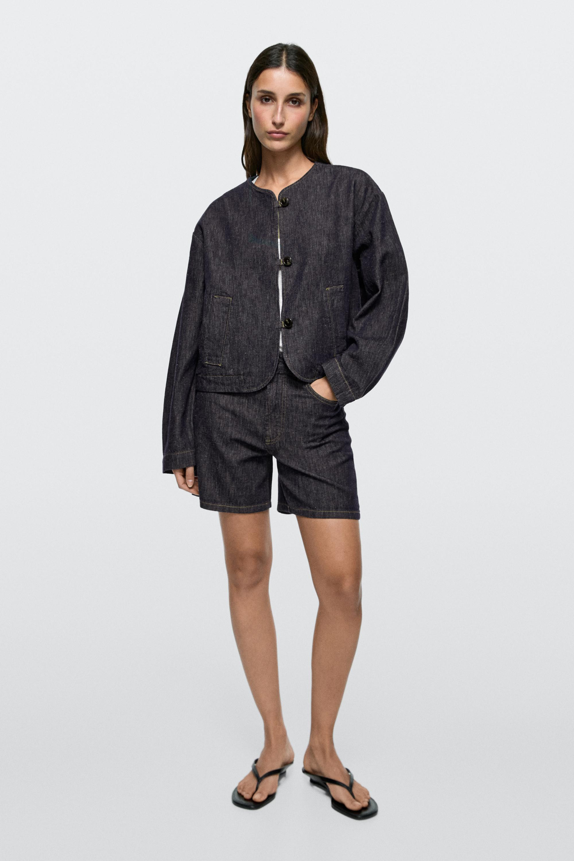 Short cotton blend denim jacket | Massimo Dutti UK