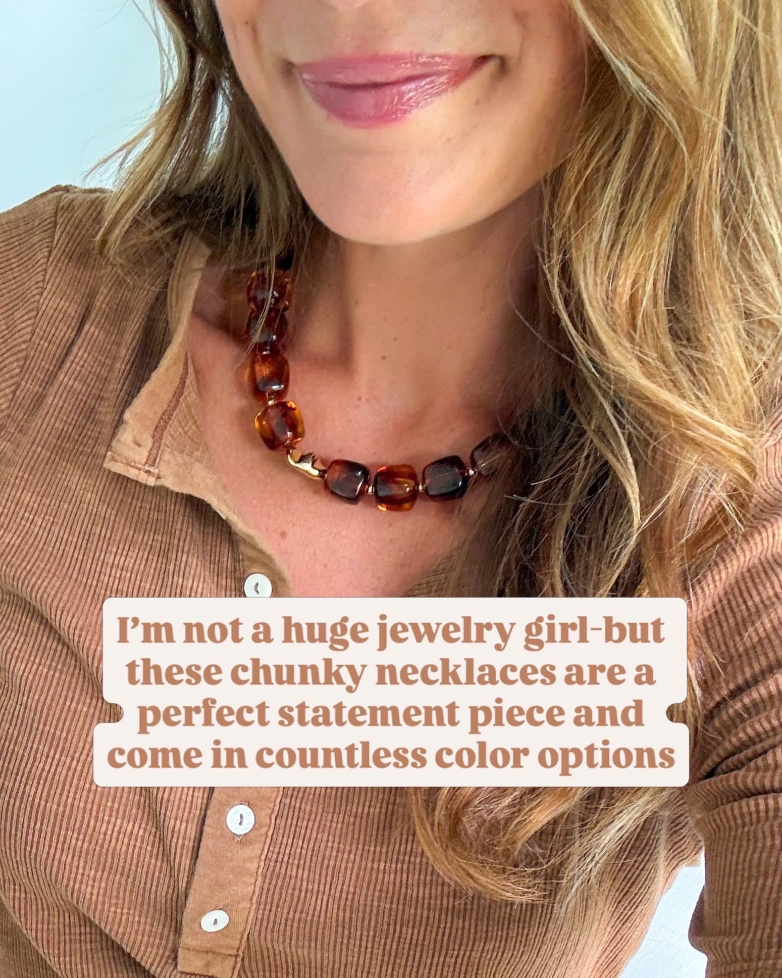 I'm not usually a big jewelry girl, but these chunky beaded necklaces have completely won me over! They add just the right amount of color to a simple outfit, and with so many color options, there's one for everything in your closet.
Chunky bead necklace, Statement necklace, Beaded necklace, Fall jewelry, Colorful jewelry, Fashion accessories, Amber necklace, Brown jewelry, Statement accessories, Everyday jewelry, Jewelry finds, StangandCo