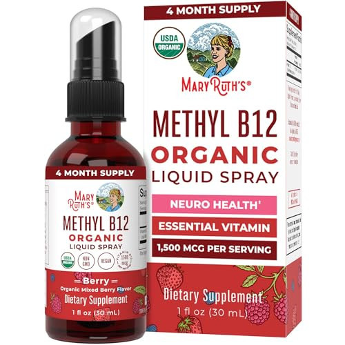 MaryRuth Organics Vitamin B12 Liquid Spray | Vegan, Non-GMO, Gluten-Free | USDA Organic Supplement | Energy & Nervous System Support | B12 Vitamins for Women & Men | 1,500 mcg | 1 Fl Oz | Amazon (US)