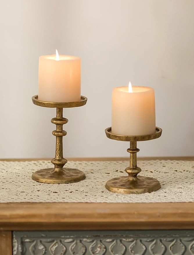 NUPTIO Gold Candle Holders for Pillar: Antique Brass Cast Iron Candleholder for 3 Inch Pillars -H... | Amazon (US)