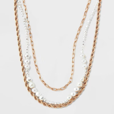 Chain and Pearl Multi-Strand Necklace Set 3pc - A New Day™ Gold/White | Target
