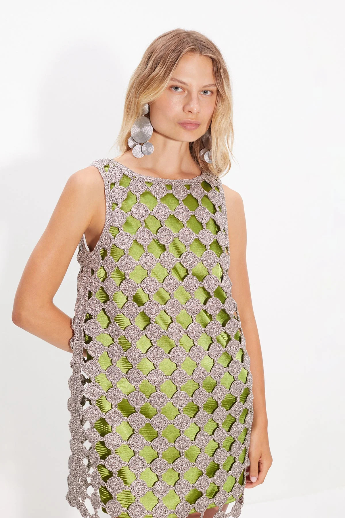 Sina Crochet Mini Dress In Moss/Satellite Silver | Simon Miller