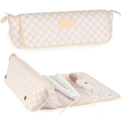 BAREFOOT CARIBOU Hair Tools Travel Bag and Heat Resistant Mat for Flat Irons, Straighteners, Curling Iron, and Haircare Accessories, 2-in-1 design, with Interior Pockets, Organizer (Checkered Peach) | Amazon (US)