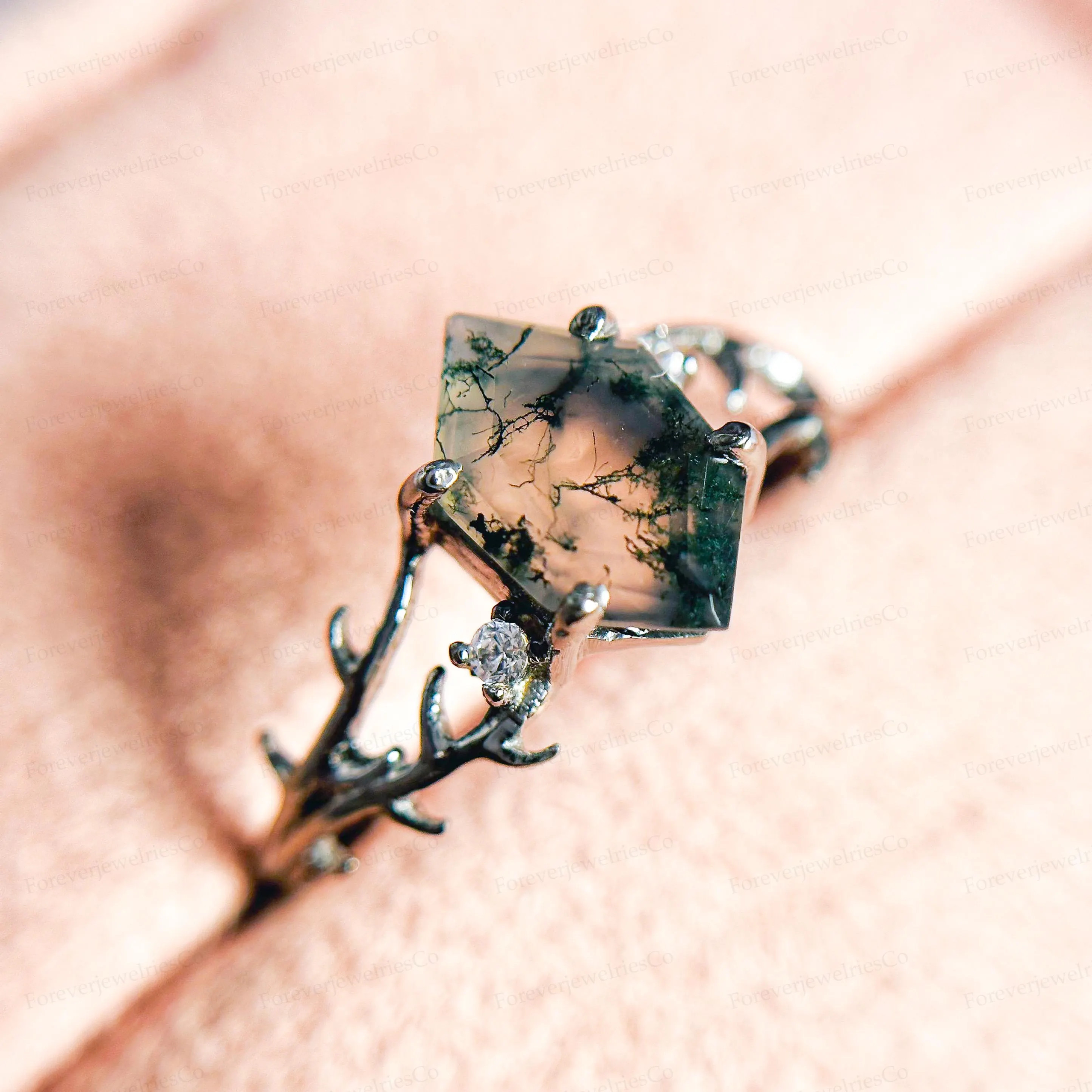 Hexagon Moss Agate Ring: Vintage Twig Sterling Silver Wedding Band | Etsy (Global)