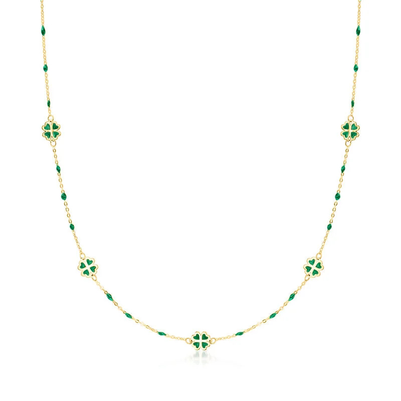 Italian Green Enamel Clover Station Necklace in 14kt Yellow Gold. 18" | Ross-Simons