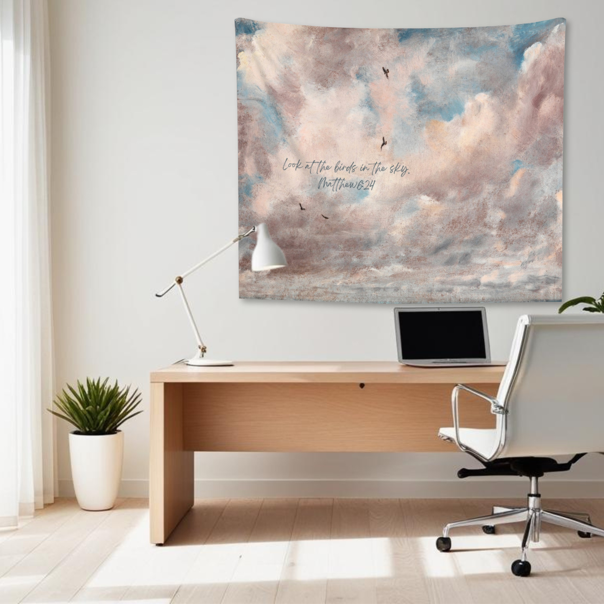 Modern Farmhouse Home Office Tapestry 
.
Designed with soft, muted tones of blush, dusty blue, and cream, this tapestry adds warmth, texture, and meaning to any modern farmhouse, vintage cottage, or organic minimalist home - along with inspiring words from Matt 6:24 

 

#LTKsummer #LTKfamily #LTKgiftguide