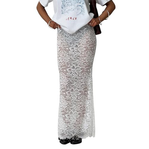 Womens Lace Maxi Skirt Y2k High Waist Sheer Mesh Midi Skirt Sexy See Through Cover Up Long Skirt Streetwear(Lace White,Small | Amazon (US)