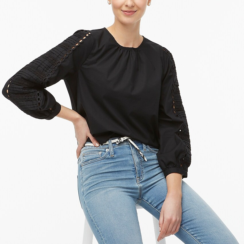 Cotton poplin puff-sleeve top with eyelet | J.Crew Factory