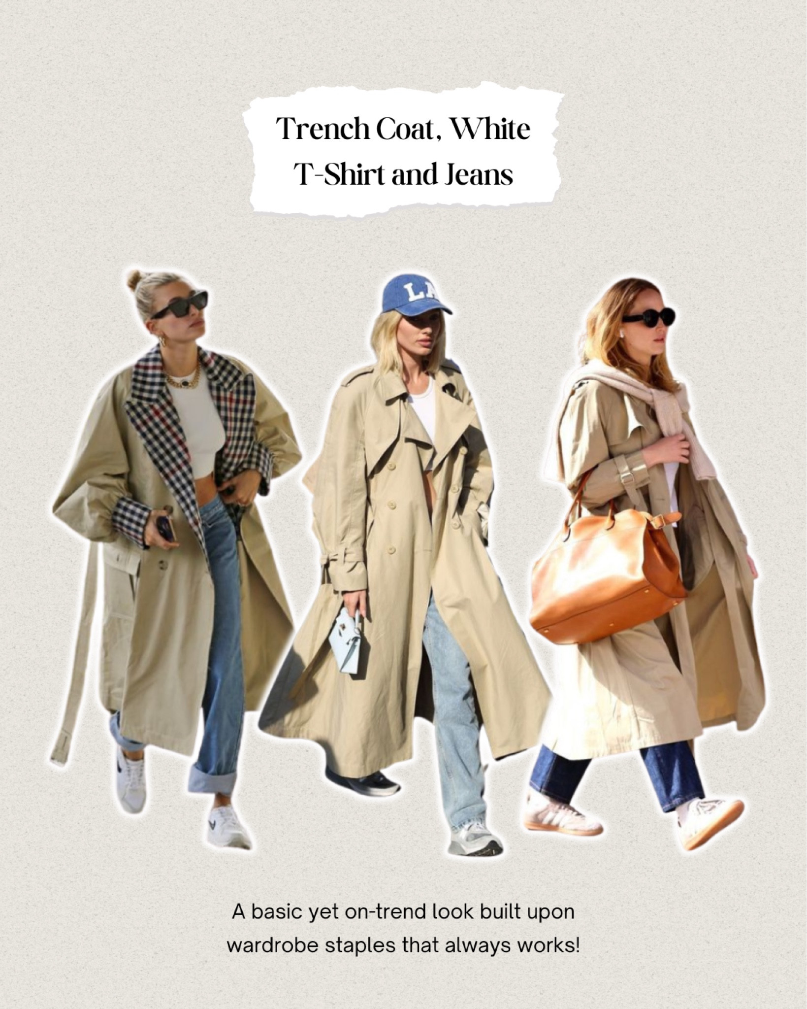 A basic yet on-trend look built upon wardrobe staples that always works — a trench coat, white t-shirt and jeans!

#LTKstyletip #LTKshoecrush #LTKworkwear