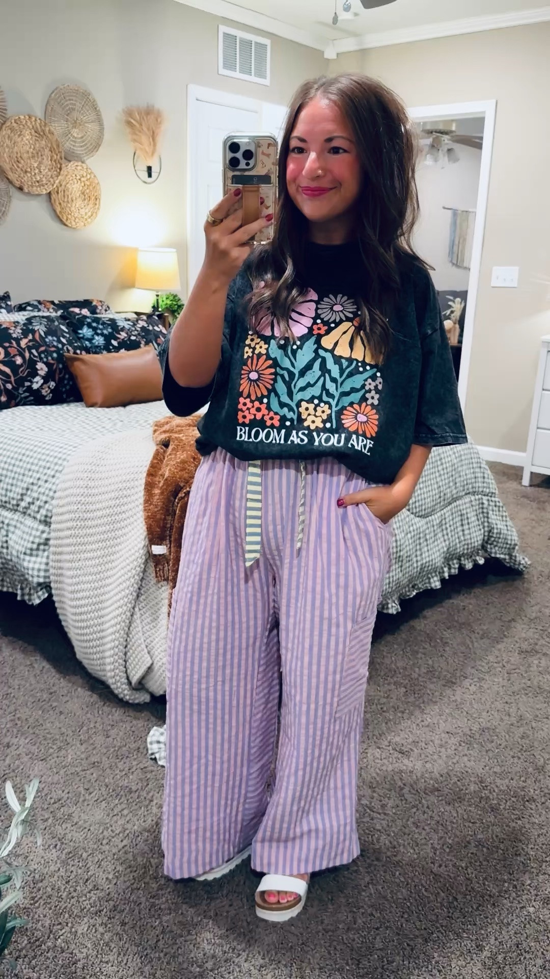 Bloom as you are! 💜 Loving this Amazon graphic tee paired with purple striped wide-leg pants & white sandals. Such a fun, comfy outfit for a casual classroom day!

sandals: fit true to size // wearing a 5
pants: fit oversized // wearing a large
tee: fits oversized // wearing a large

#LTKootd #LTKMidsize #LTKWorkwear