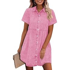 GRAPENT Denim Dress for Women Babydoll Tiered Short Sleeve Button Down Jean Shirt Dresses | Amazon (US)