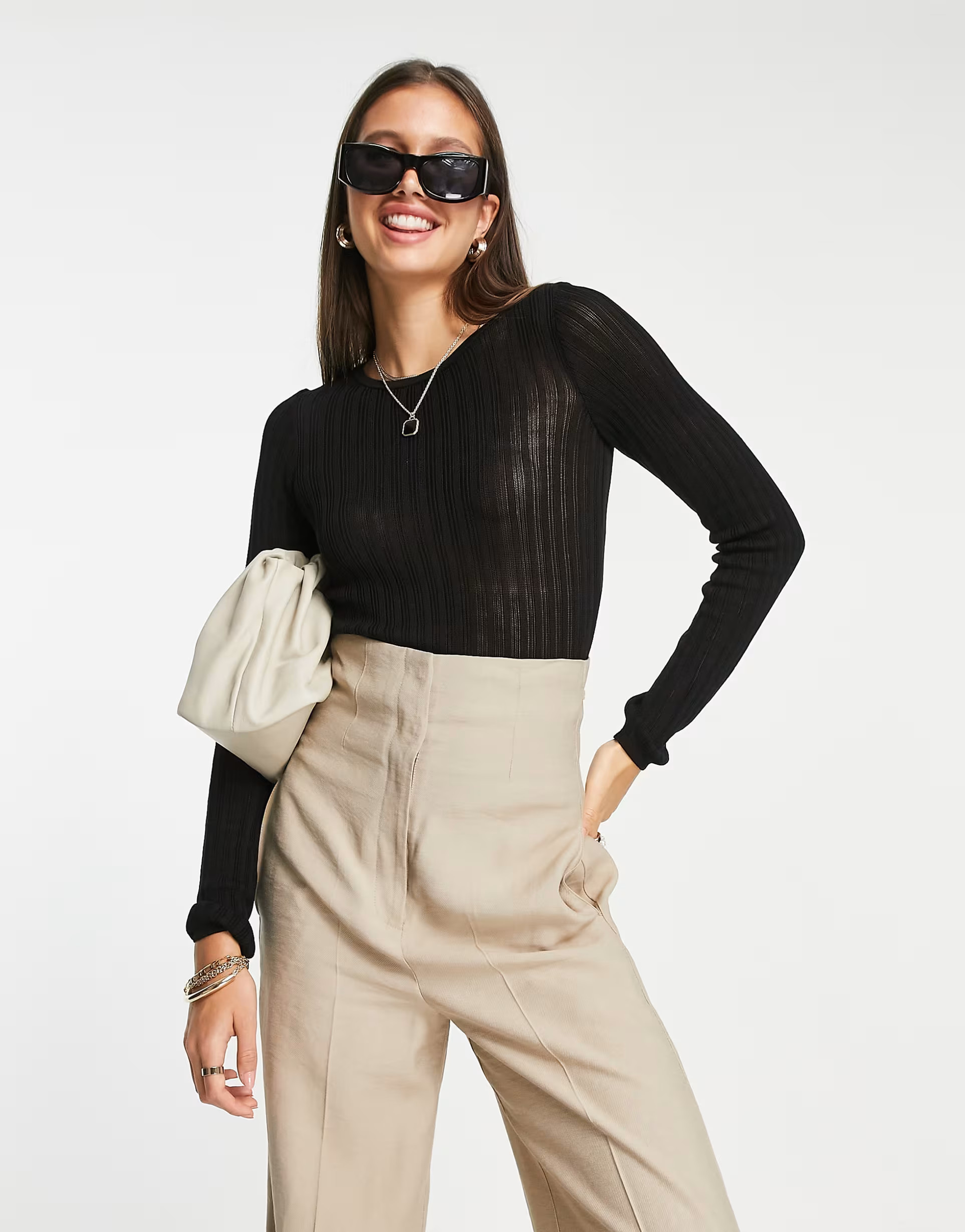 ASOS DESIGN crew neck sweater in sheer rib yarn in black | ASOS (Global)