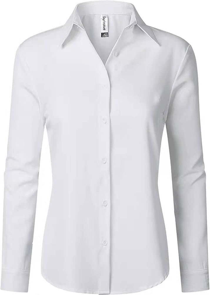 Syrirotus Womens Button Down Shirts Stretchy Long Sleeve Basic Work Formal Casual Blouse | Amazon (US)