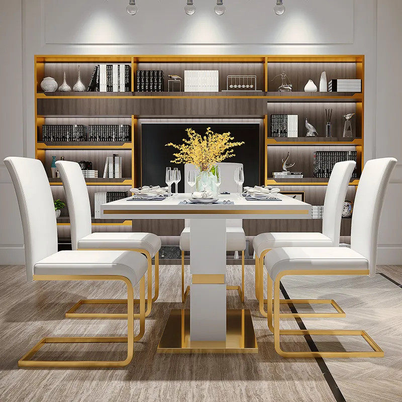 Modern Minimalist Upholstered White PU Leather Dining Chairs Set of 4 Gold Metal Base | Homary.com