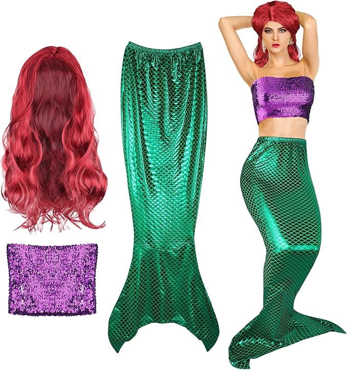 Cindeer 3 Pcs Mermaid Costume for Women, Include Sequin Mermaid Crop Tops Strapless Metallic Tube... | Amazon (US)