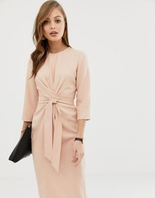 ASOS DESIGN tie wrap around midi dress in nude | ASOS (Global)