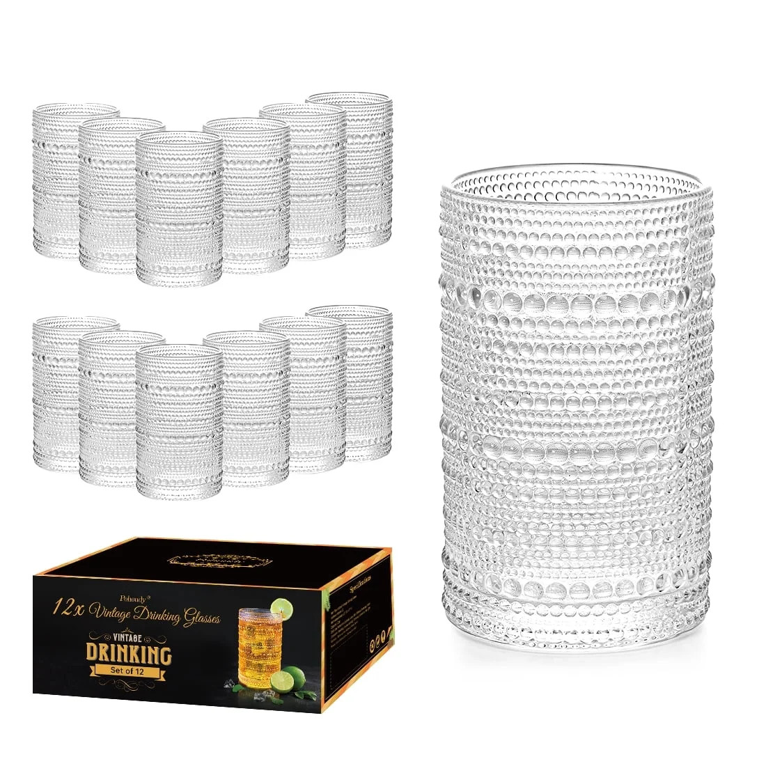 Hobnail Drinking Glasses Set of 12 - 13oz Vintage Beaded Highball Glasses, Clear Retro Kitchen Gl... | Walmart (US)