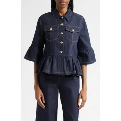 Cinq à Sept Mandie Denim Peplum Shirt Jacket in Indigo at Nordstrom, Size Xx-Small | Nordstrom