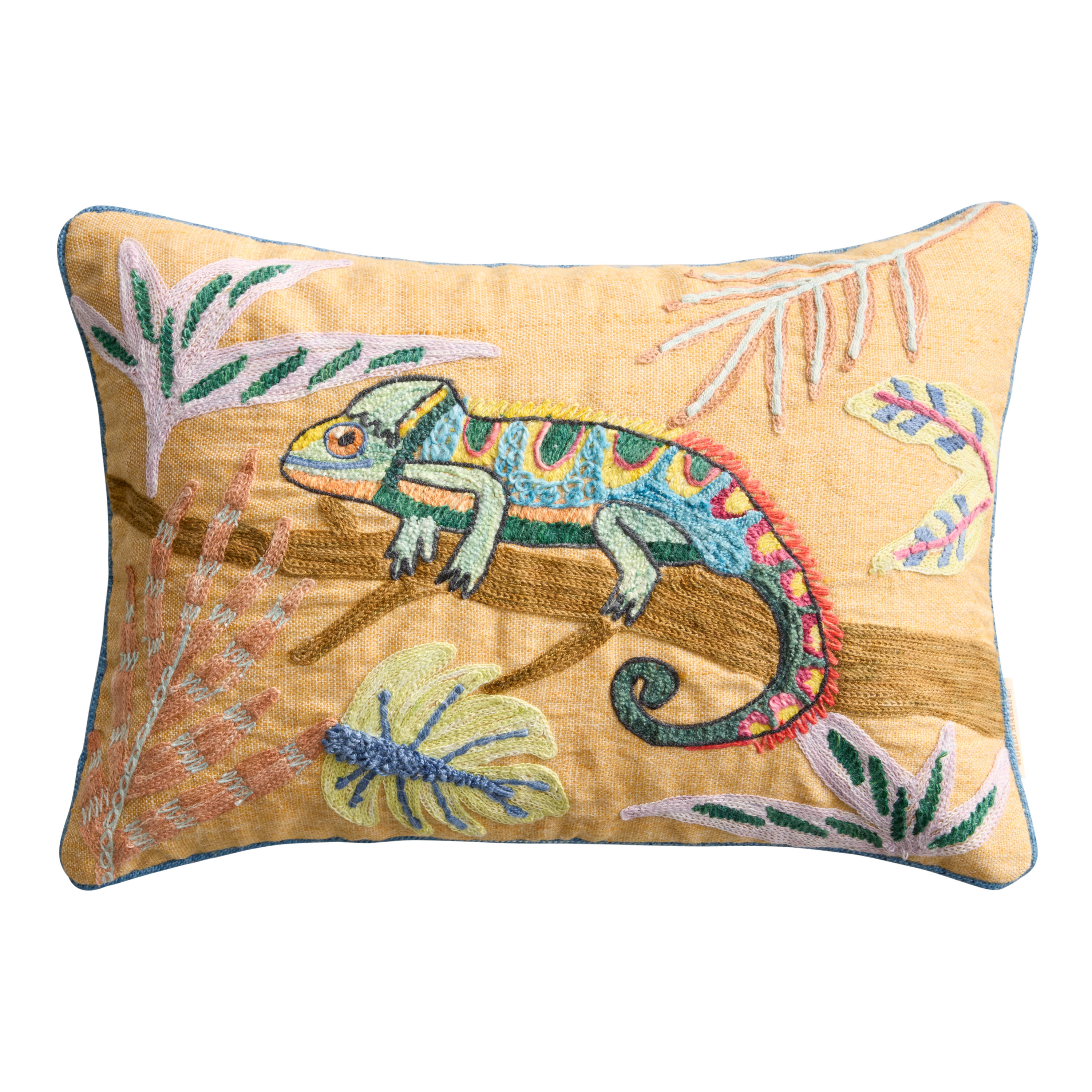 Mustard Chameleon Embroidered Indoor Outdoor Lumbar Pillow | World Market