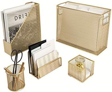 Blu Monaco 5 Piece Cute Office Supplies Gold Desk Organizer Set - with Desktop Hanging File Organ... | Amazon (US)