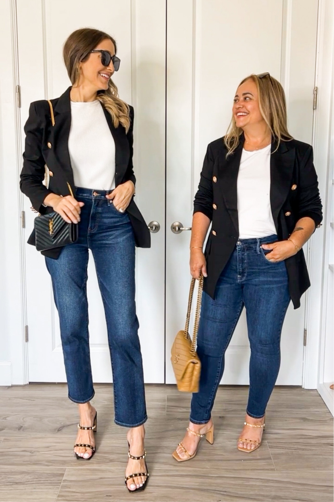 Make your Statement with this affordable blazer featuring peaked lapels, long sleeves, a fitted waist, side flap pockets, and gold-tone embossed buttons. 
I'm wearing jeans from Good American, Aline Express, sandals from Amazon the Drop, and my bag for Tory Burch.
@alinelowry is 5’9” wearing a size small and I’m 5’3 size large.

Follow my shop @Trendmeup-Eveline on the @shop.LTK app to shop this post and get my exclusive app-only content!

#liketkit #LTKworkwear #LTKunder50 #LTKcurves

#LTKitbag #LTKSeasonal #LTKtravel