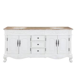Silkroad Exclusive 72 in. W x 22 in. D Vanity in Antique White with Vanity Top in Travertine with... | The Home Depot