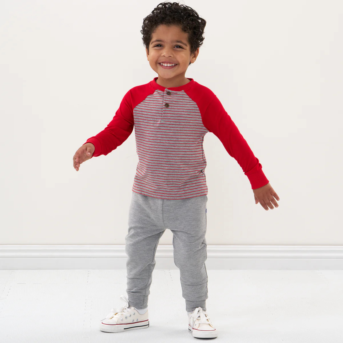Heather Gray Stripes Raglan Henley Tee | Little Sleepies