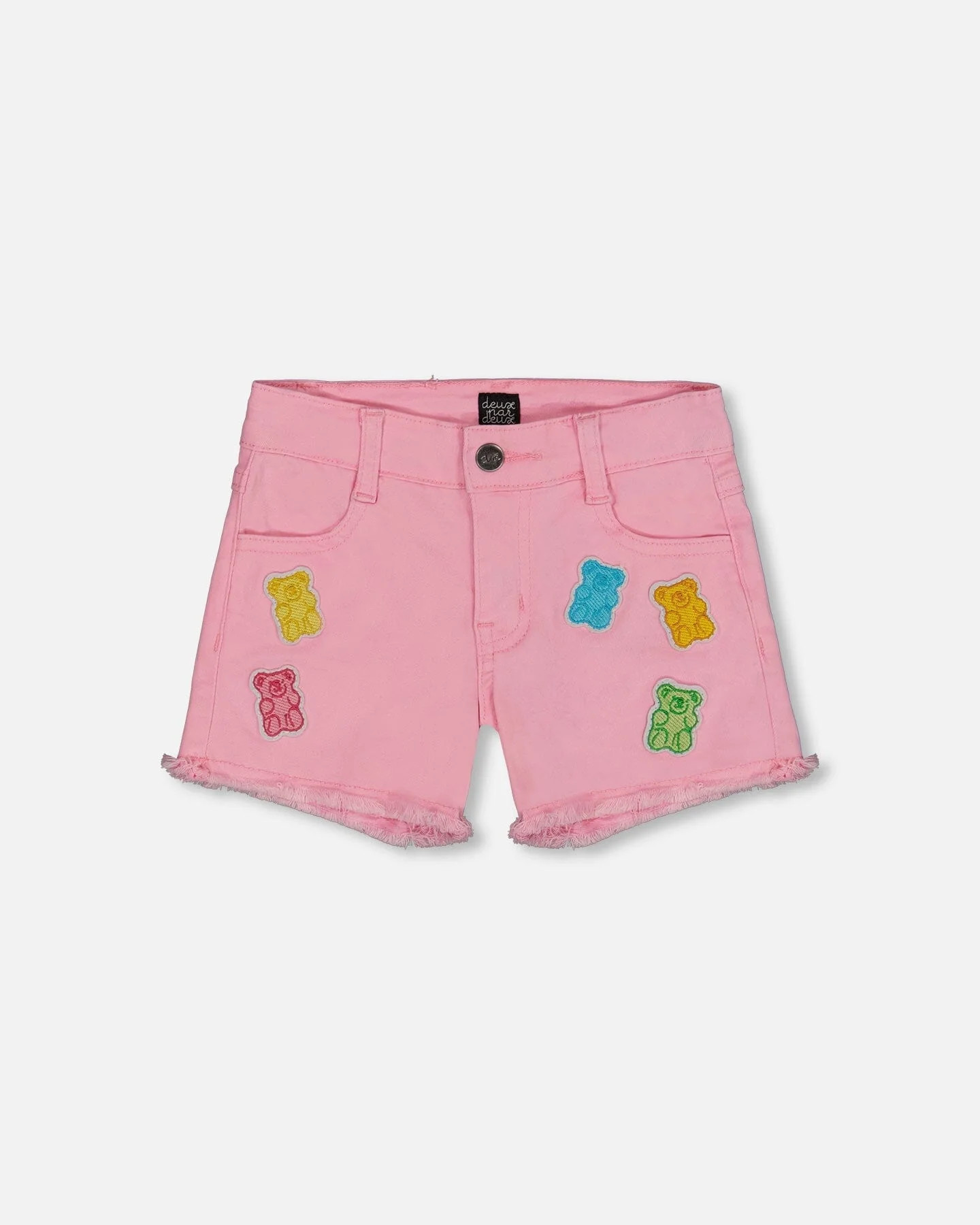 Jean Short With Embroidery Pink And Multicolored Gummies - Deux par Deux | Deux par Deux Childrens Designer Clothing